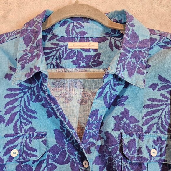 Jamaica Jaxx Linen Blend Tropical Shirt Womens XL Blue Purple Floral Lightweight - Picture 6 of 11
